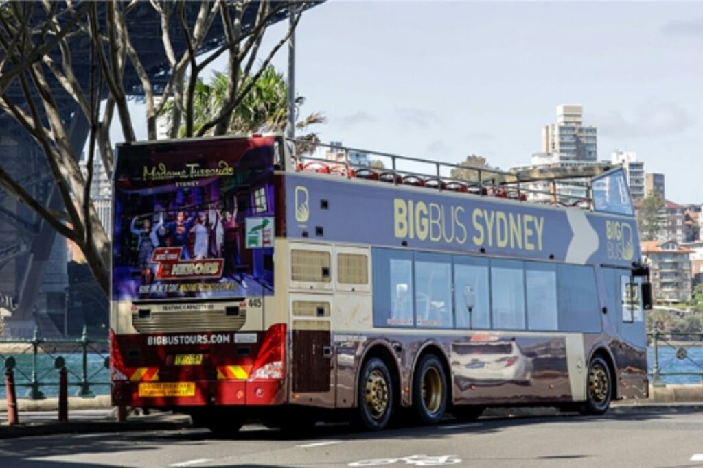 A Sydney Hop-on hop-off tour bus with open-air seats to enjoy the sights